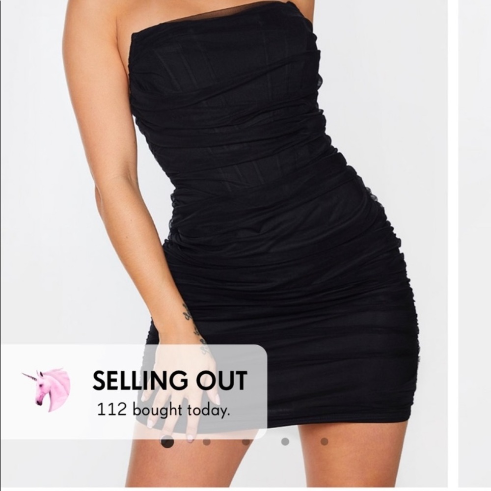 plt black strapless corset mesh dress